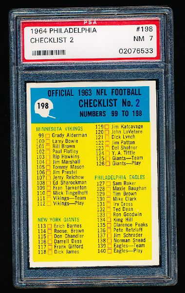 1964 Philadelphia Ftbl. #198 Checklist #2- PSA Graded Near Mint 7