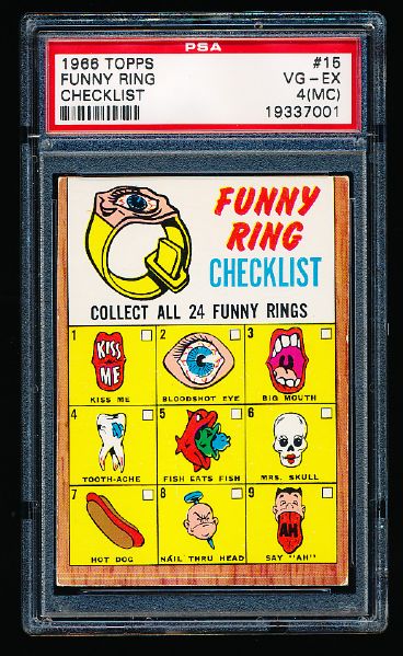 1966 Topps Ftbl. #15 Funny Ring Checklist- PSA Graded Very Good-Excellent 4 (MC- Miscut)