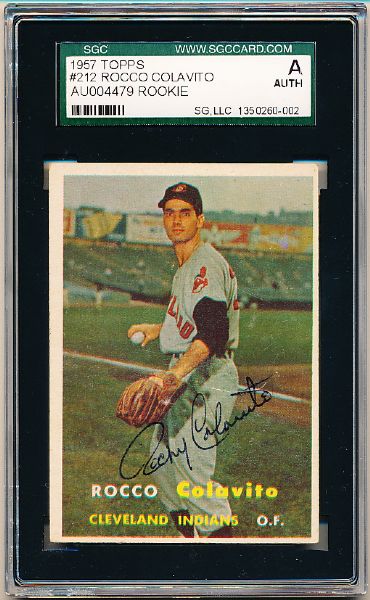 1957 Topps Bsbl. #212 Rocky Colavito RC, Indians- Autographed- SGC Authenticated