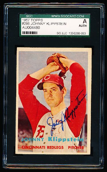 1957 Topps Bsbl. #296 Johnny Klippstein, Reds- Tough Series- Autographed- SGC Authenticated