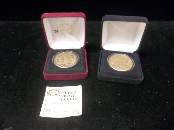 Two Diff. Highland Mint Solid Bronze Replica “Coin Flip” Limited Ed. Coins- Super Bowl XXXVI & XXXVIII- Serial Numbered of 10,000