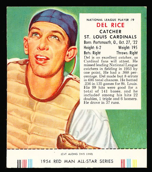 1954 Red Man- With Tab- NL #9 Del Rice, Cardinals