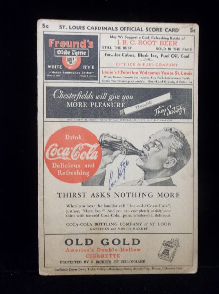 1938 St. Louis Cardinals Scorecard vs. NY Giants-with Enos Slaughter Nice Signature on Front