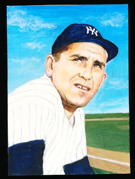 1982 TCMA Stephen Douglas 4-5/8” x 6-7/16” Original Art for Yankees Yearbook Card Inserts- Yogi Berra, Yankees- 1 of 1