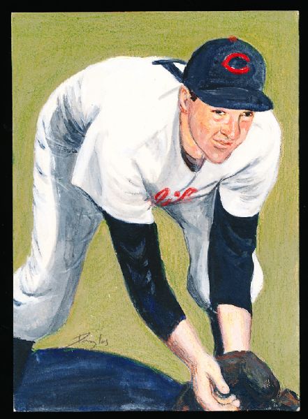 1982 TCMA Stephen Douglas 4-5/8” x 6-7/16” Original Art for Yankees Yearbook Card Inserts- Lou Boudreau, Indians- 1 of 1