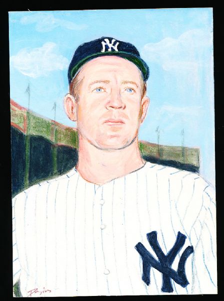 1982 TCMA Stephen Douglas 4-5/8” x 6-7/16” Original Art for Yankees Yearbook Card Inserts- Whitey Ford, Yankees- 1 of 1