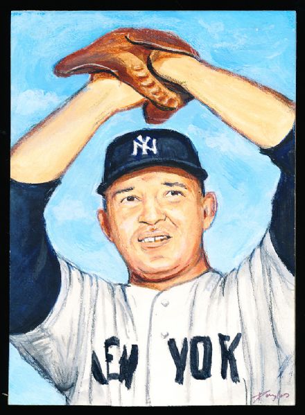 1982 TCMA Stephen Douglas 4-5/8” x 6-7/16” Original Art for Yankees Yearbook Card Inserts- Allie Reynolds, Yankees- 1 of 1