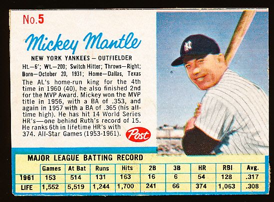 1962 Post Cereal Baseball- #5 Mickey Mantle, Yankees