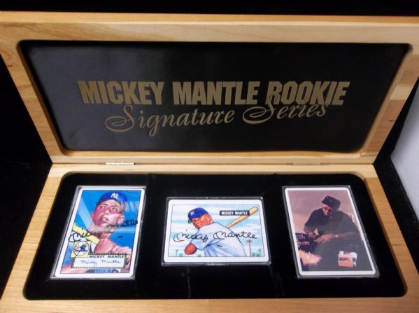 1995 PCS/Sports Authority Bsbl. “Mickey Mantle Rookie Signature Series”- 1 Complete Set of 3 Porcelain Cards- with 2 Autographed!