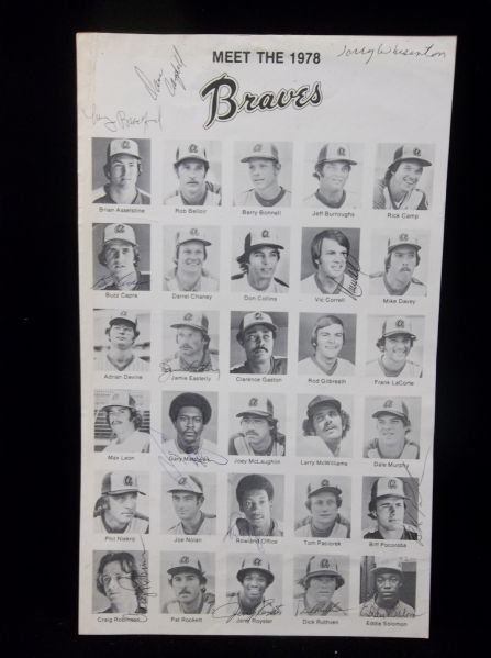 1978 Atlanta Braves Team Issued 8-¼” x 14” Sheet- Autographed by 13 Braves