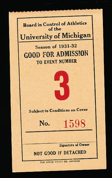 1931-32 University of Michigan Student Ftbl. Athletic Coupon/Ticket