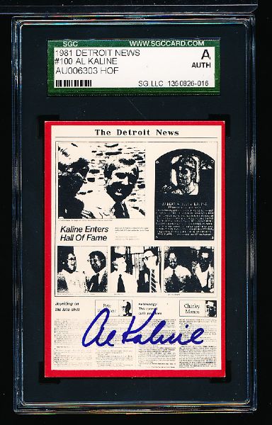 1981 Detroit News Bsbl. #100 Al Kaline, Tigers- Autographed- SGC Certified/ Slabbed Authentic