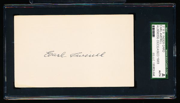 Earl Averill Autographed Bsbl. Index Card- SGC Certified/ Slabbed Authentic