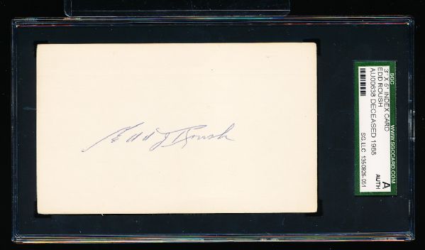 Edd Roush Autographed Bsbl. Index Card- SGC Certified/ Slabbed Authentic