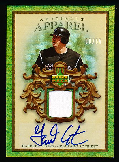 2007 Artifacts Bb- “MLB Apparel Autographs”- #MLB-AT Garrett Atkins, Rockies- #9/55 Made!