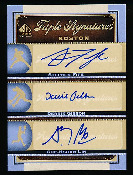 2012 SP Signature Edition Bb- “Triple Signatures”- #BOS35 Fife/ D. Gibson/ Lin, Red Sox Prospects