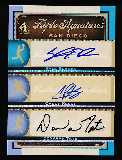 2012 SP Signature Edition Bb- “Triple Signatures”- #SD12 K. Blanks/ C. Kelly/ D. Tate, Padres Prospects