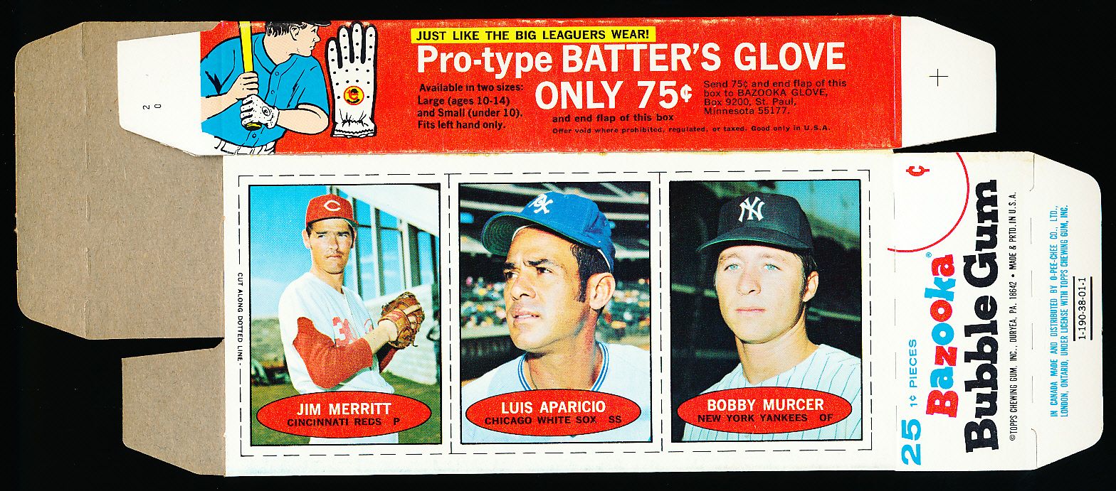 dannelse Skubbe Stjerne Lot Detail - 1971 Bazooka Baseball Empty Flat Box- with 3 Card Panel- Jim  Merritt/ Luis Aparicio/ Bobby Murcer (Unnumbered Version)