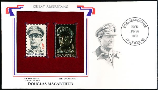U.S. Postal Commemorative Society “Great Americans” Original & 22kt Gold Replica Stamp- Douglas MacArthur 6 Cent 1/26/71 Issue Stamp