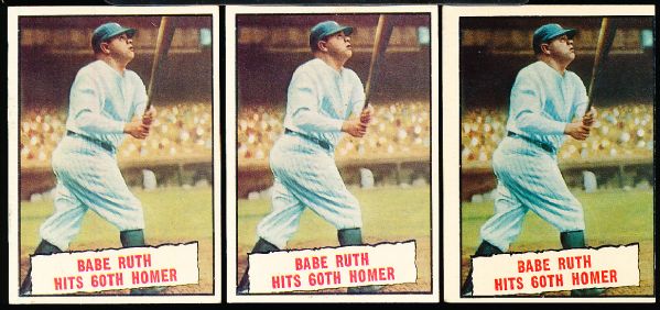 1961 Topps Bb- #402 Babe Ruth Hits 60Th Homer- 3 Cards