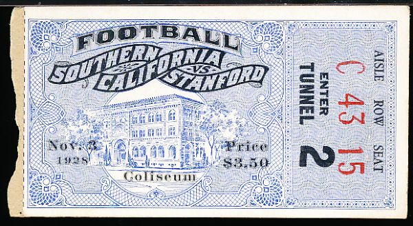 Nov. 3, 1928 Stanford @ Southern Cal College Football Ticket Stub