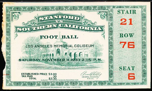 Nov. 11, 1933 Stanford @ Southern Cal College Football Ticket Stub
