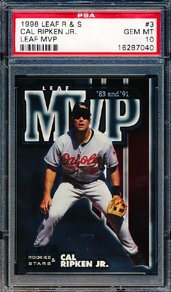 1998 Leaf Rookies & Stars Baseball- “Leaf MVP”- #3 Cal Ripken Jr.- #3849/5000- PSA Gem Mint 10 