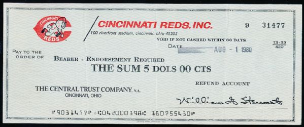 August 1, 1980 Cincinnati Reds Bsbl. “Refund Check”- For $5.00