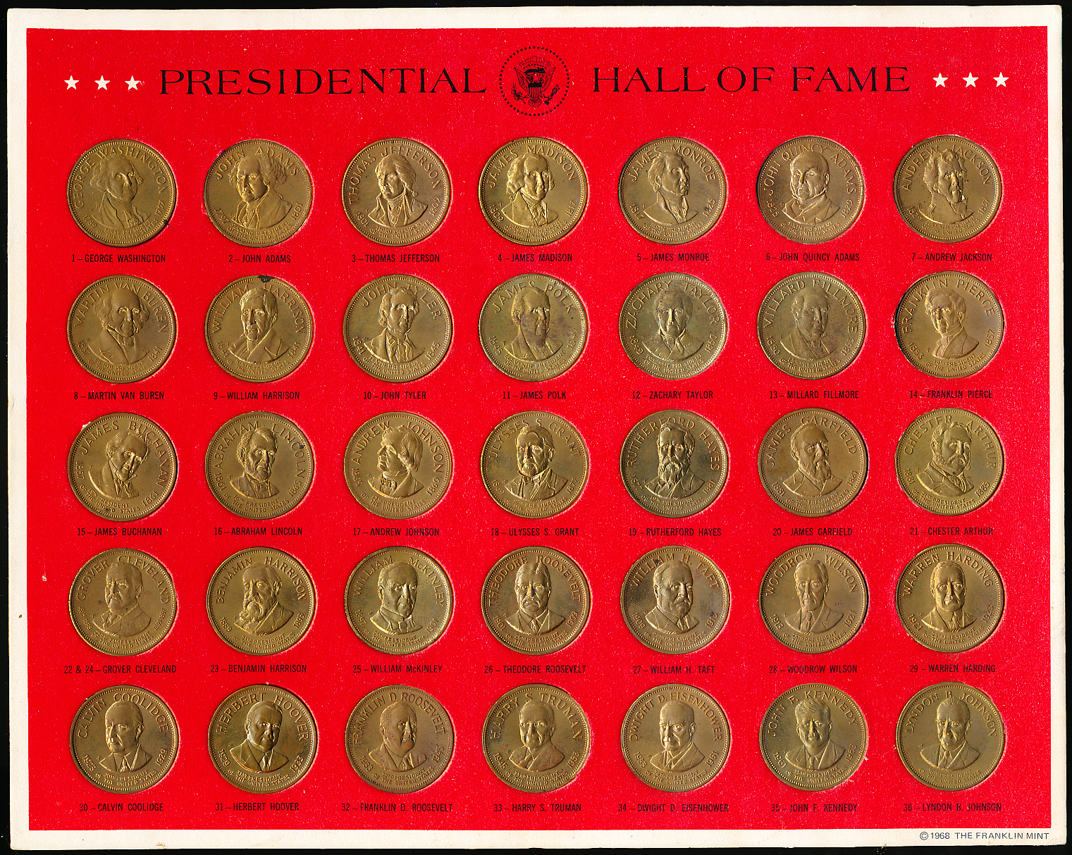Lot Detail 1968 The Franklin Mint Presidential Hall Of Fame Coin Set lot-detail-1968-the-franklin-mint-presidential-hall-of-fame-coin-set