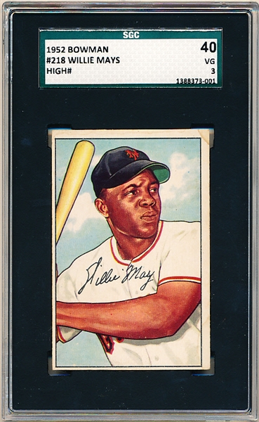 1952 Bowman Baseball- #218 Willie Mays, Giants- SGC 40 (Vg 3)- Hi# 