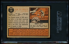 1962 Topps Baseball- #450 Jim O’Toole, Reds- SGC 88 (Nm/Mt 8)