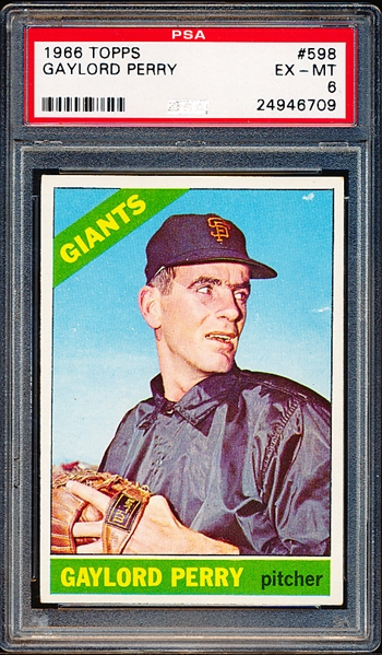 1966 Topps Bb- #598 Gaylord Perry, Giants- PSA Ex-Mt 6- Hi# 