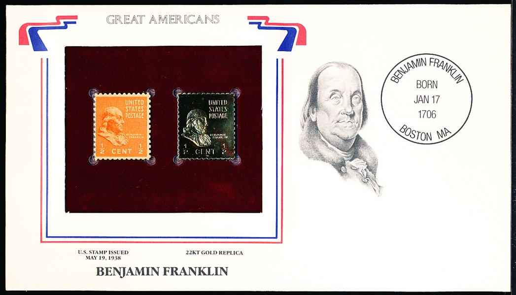 U.S. Postal Comm. Society “Great Americans” Original & 22kt Gold Stamp- Ben Franklin 