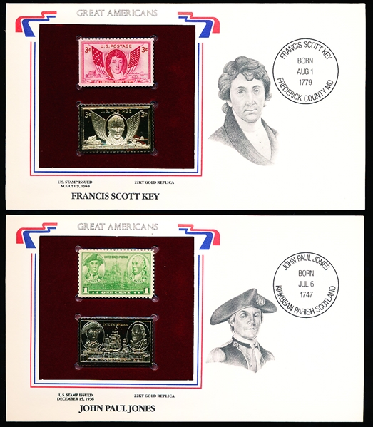 U.S. Postal Comm. Society “Great Americans” Original & 22kt Gold Replica Stamps- 3 Diff. Revolutionary War Heroes