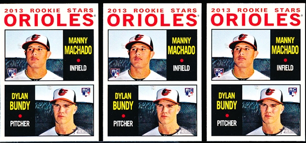2013 Topps Heritage Bsbl. #201 Orioles Rookie Stars (Manny Machado, D. Bundy)- 3 Cards