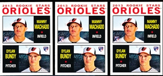 2013 Topps Heritage Bsbl. #201 Orioles Rookie Stars (Manny Machado, D. Bundy)- 3 Cards