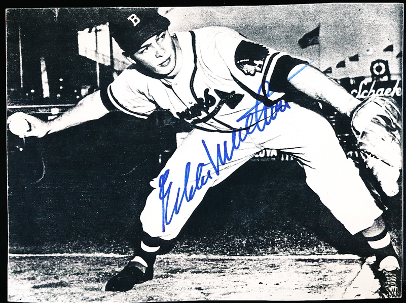 Autographed Eddie Mathews Boston Braves MLB 5-7/8” x 7-¾” B/W Copied Photo
