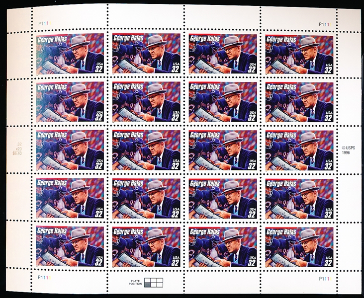 1996 U.S. Postal Service Ftbl.- One 20 Count $0.32 Stamp Block- George Halas, Bears