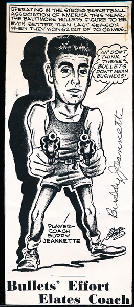 Autographed Buddy Jeannette Baltimore Bullets BAA 9” x 3 ¾” Cartoon Copy