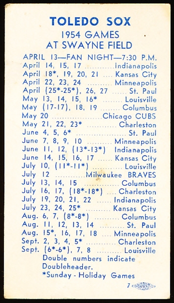 1954 Miller High Life Beer/ WOHO Radio Toledo Sox American Assn. Minor League Bsbl. Schedule