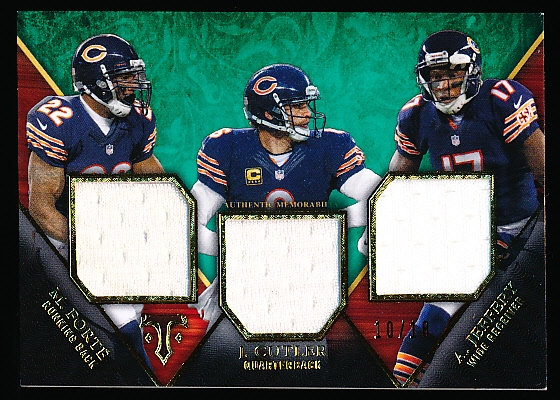 2014 Topps Triple Threads Ftbl.- “Triple Threads Relic Trio” Insert- #TTRT-36 Forte/ J. Cutler/ A. Jeffery, Bears- #10/18 Made!