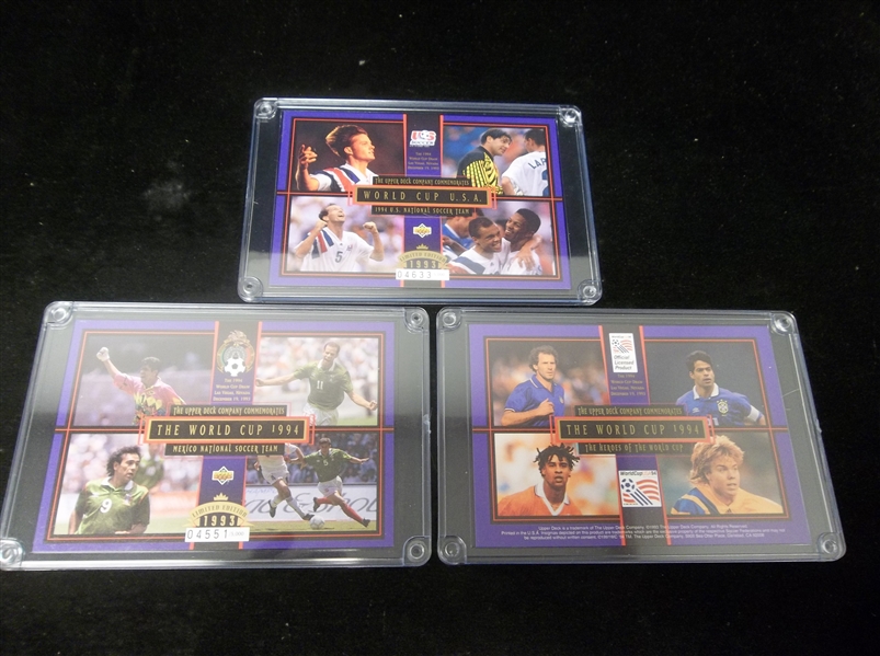 1993 Upper Deck Limited Ed. 3-1/2” x 5” World Cup Serial Numbered Cards- 3 Diff.