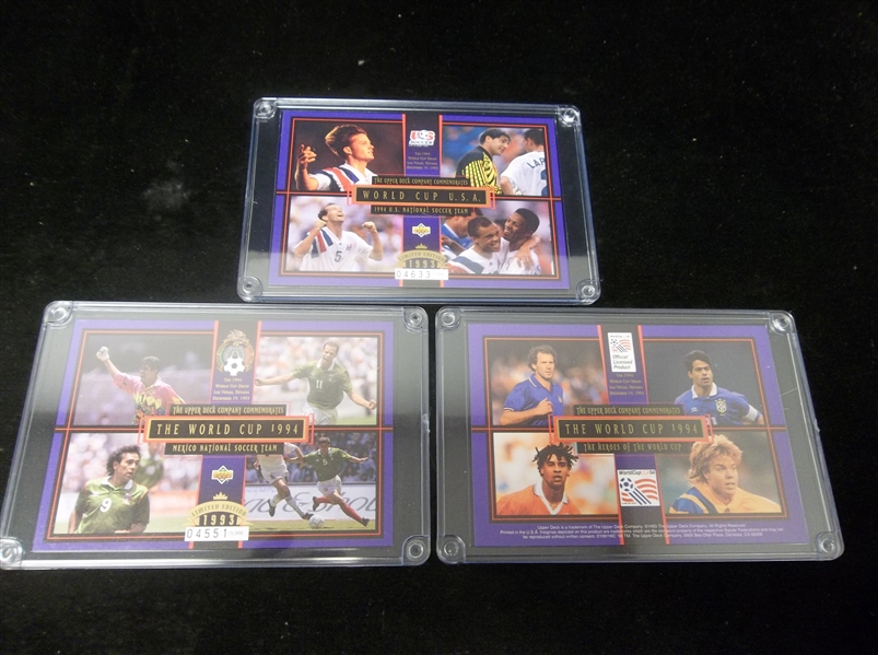 1993 Upper Deck Limited Ed. 3-1/2” x 5” World Cup Serial Numbered Cards- 3 Diff.