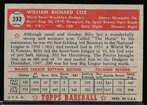 1952 Topps Baseball- #232 Billy Cox, Brooklyn