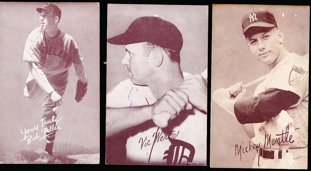 Three Diff Exhibit Cards- 1939-46 Baseball Salutation Exhibits-Feller, Mantle, Wertz