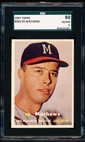 1957 Topps Bb- #250 Ed Mathews, Braves- SGC 80 (Ex/Nm 6)