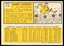 1963 Topps Baseball- #210 Sandy Koufax, Dodgers