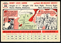 1956 Topps Bb- #31 Hank Aaron, Braves- white back.