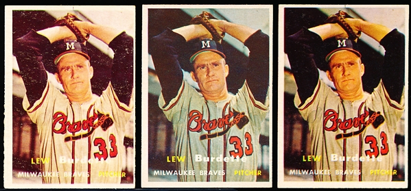1957 Topps Bb- #208 Lew Burdette, Braves- 3 Cards