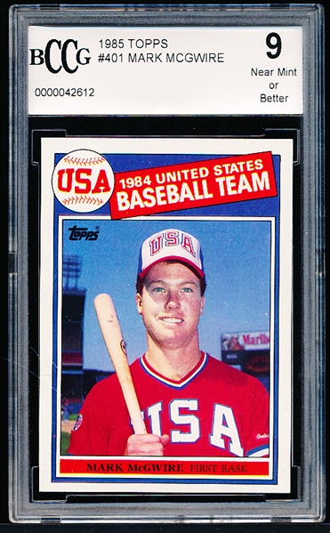 1985 Topps Baseball- #401 Mark McGwire RC- BCCG 9 (NM or better)